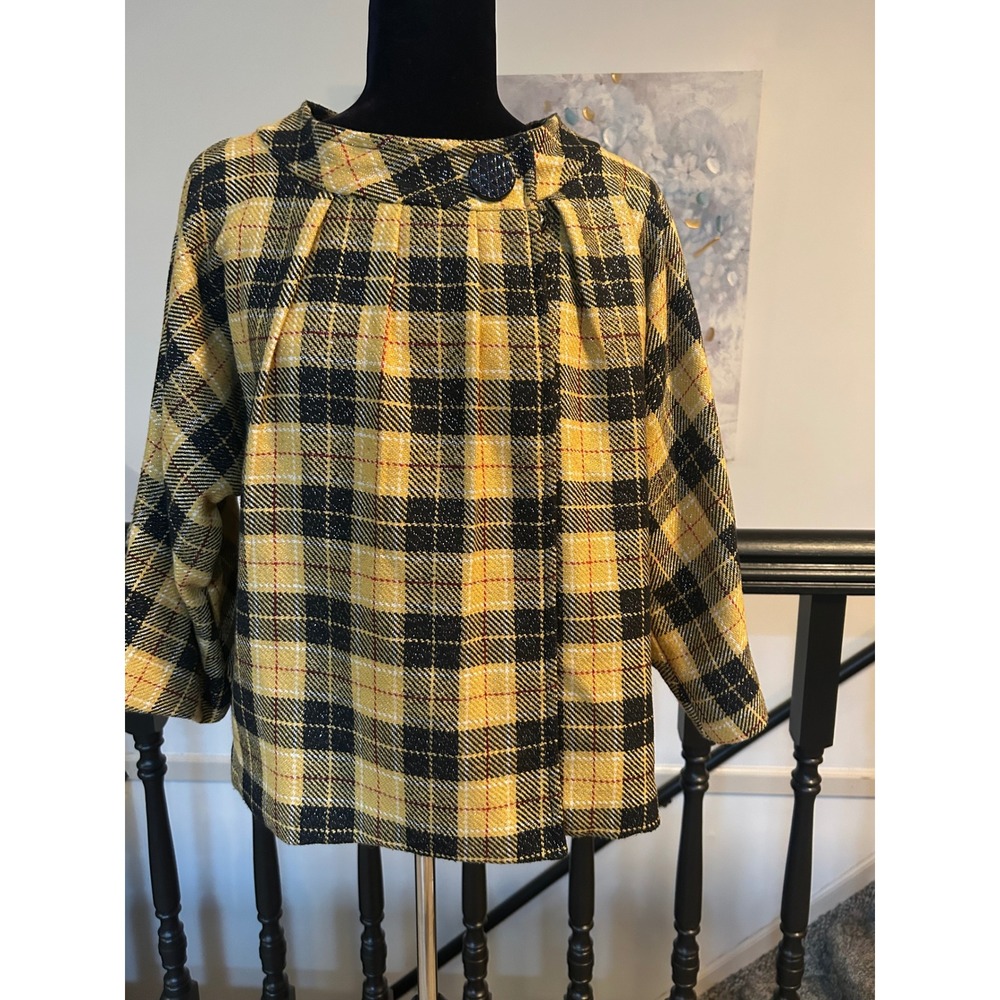 Cartise Yellow Black Plaid Metallic Swing Jacket Portrait Collar size 8 vintage